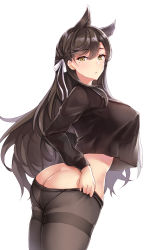 1girl adjusting_clothes adjusting_legwear alternate_costume animal_ears ass atago_(azur_lane) atago_(school_traumerei)_(azur_lane) azur_lane black_hair black_pantyhose black_shirt blush bow breasts butt_crack clothes_pull covered_erect_nipples crop_top crop_top_overhang extra_ears female_focus from_behind hair_between_eyes hair_ribbon highres large_breasts lingerie long_hair looking_at_viewer looking_back midriff mole mole_under_eye no_bra no_panties no_pants pantyhose pantyhose_pull parted_lips ribbon sailor sailor_collar school_uniform see-through_silhouette shirt simple_background skindentation solo standing swept_bangs thighband_pantyhose underwear white_background white_bow white_ribbon yuemanhuaikong rating:Questionable score:34 user:danbooru