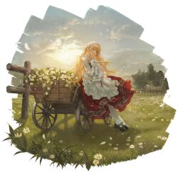  1girl :d animal apron black_shoes black_vest blonde_hair cloud cloudy_sky daisy day falling_petals fang fence field flower full_body girls&#039;_frontline grass highres holding holding_animal lamb leaning_on_object long_hair long_sleeves looking_at_viewer mary_janes meadow nin_(lion) official_alternate_costume official_art open_mouth outdoors pantyhose petals red_skirt s.a.t.8_(ballad_of_twilight_blossoms)_(girls&#039;_frontline) s.a.t.8_(girls&#039;_frontline) shadow sheep shirt shoes skirt sky smile solo standing teeth third-party_source transparent_background tree upper_teeth_only veil very_long_hair vest wagon white_apron white_pantyhose white_shirt white_veil wooden_fence 
