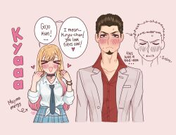  1boy 1girl artist_name blonde_hair blue_necktie blue_skirt blush bracelet brown_hair closed_eyes collar commentary cosplay embarrassed english_commentary english_text facial_hair gojou_wakana gradient_hair gyaru heart highres jewelry kiryu_kazuma kiryu_kazuma_(cosplay) kitagawa_marin littlealzi long_hair mole mole_under_eye multicolored_hair necktie open_mouth pink_hair ring ryuu_ga_gotoku_(series) shirt simple_background skirt smile sono_bisque_doll_wa_koi_wo_suru speech_bubble sweat tied_shirt two-tone_hair white_shirt 