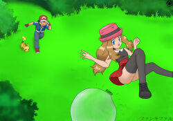  1boy 1girl absurdres ash_ketchum bare_shoulders black_thighhighs blonde_hair blue_eyes bouncing breasts bubble clenched_hand collared_shirt emphasis_lines eyelashes fankifalu full_body gen_1_pokemon hands_up hat highres japanese_text legs long_hair looking_at_another low-tied_long_hair neck nintendo open_mouth outdoors outstretched_arms pikachu pokemon pokemon_(anime) red_hat running scared serena_(pokemon) shirt shoes short_sleeves sidelocks sleeveless sleeveless_shirt small_breasts sneakers sound_effects surprised thighhighs thighs upskirt 