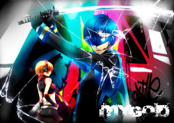  1boy 1girl bad_id bad_pixiv_id blindfold blue_hair blue_scarf brown_hair fingerless_gloves gloves headphones headset kaito_(vocaloid) katana meiko_(vocaloid) scarf short_hair smile sword utility_pole_(artist) vocaloid weapon 