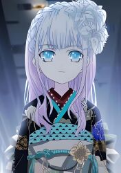 1girl akutagawa_mayumi artist_request blue_eyes female_focus flower geisha grey_background hair_flower hair_ornament hand_shakers long_hair looking_at_viewer serious source_request upper_body white_hair