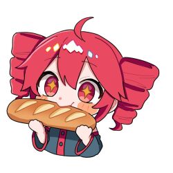  +_+ 1girl ahoge baguette bread drill_hair eating food haru_maron holding holding_food kasane_teto kasane_teto_(utau) long_sleeves red_eyes red_hair solo twin_drills upper_body utau 