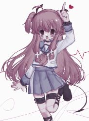  1girl angel_beats! arm_up belt belt_collar black_belt black_boots blue_skirt blush boots chain collar cross_hair_ornament cuffs deformed demon_tail dot_nose fang hair_ornament heart heartbeat highres imydestination index_finger_raised long_hair neckerchief open_mouth red_eyes red_hair red_neckerchief school_uniform shackles shirt sidelocks simple_background skin_fang skirt smile solo standing standing_on_one_leg tail thigh_strap two_side_up very_long_hair white_background white_shirt yui_(angel_beats!) 