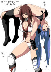  2girls abs bikini bikini_top_only black_boots black_gloves black_thighhighs blue_hair blush boots breasts brown_eyes brown_hair bruise carrying_over_shoulder cleavage detached_collar fingerless_gloves gloves injury knee_boots knee_pads lace-up_boots large_breasts long_hair motion_lines multiple_girls navel original person_over_shoulder purple_eyes ryona shoes simple_background strap_gap sweat swimsuit takahata_satone thighhighs tobisawa toned toned_female underboob white_background white_boots wrestling wrestling_outfit  rating:Sensitive score:41 user:danbooru