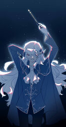  1boy absurdres androgynous argalia_(project_moon) arm_above_head arms_up ascot backlighting black_pants blue_background blue_cape blue_jacket cape closed_eyes commentary conductor_baton ear_ornament english_commentary flat_color floating_hair glint gloves glowing gold_trim hand_over_face highres jacket lawrece library_of_ruina light_particles light_smile long_hair long_sleeves making-of male_focus ouji_fashion pants project_moon sidelocks simple_background skinny smile solo thigh_gap variant_set very_long_hair white_ascot white_hair wingtip_collar 