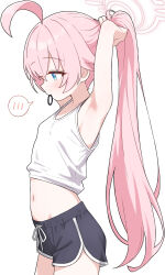 1girl absurdres adjusting_hair ahoge armpits arms_up bare_arms bare_shoulders black_shorts blue_archive blue_eyes blush commentary_request cowboy_shot dolphin_shorts from_side halo highres hoshino_(blue_archive) huge_ahoge loli long_hair midriff mouth_hold navel pink_hair pink_halo ponytail profile saho_4545 short_shorts shorts simple_background spoken_blush stomach tank_top tying_hair white_background white_tank_top rating:Sensitive score:88 user:danbooru