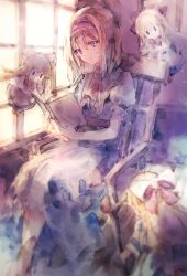  1girl alice_margatroid ascot belt blonde_hair blue_dress blue_eyes book boots brown_boots capelet commentary_request dress frilled_hairband frills hairband highres holding holding_book indoors kamu_kotan lolita_hairband on_chair open_book painting_(medium) parted_lips puffy_short_sleeves puffy_sleeves reading red_ascot red_hairband shanghai_doll short_hair short_sleeves sitting smile touhou traditional_media watercolor_(medium) white_capelet window wooden_chair 