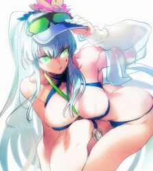  1girl aqua_nails artist_name bikini blue_bikini breasts commentary_request eyewear_on_headwear girls&#039;_frontline girls&#039;_frontline_2:_exilium green_eyes hk416_(girls&#039;_frontline) jacket klukai_(girls&#039;_frontline_2) long_hair official_alternate_costume open_mouth see-through_clothes see-through_jacket simple_background solo swimsuit tattoo teardrop_facial_mark teardrop_tattoo visor_cap wangpo white_background white_hair 