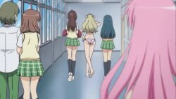  1boy 5girls animated animated_gif ass ass_shake barefoot bikini blonde_hair blue_hair brown_eyes brown_hair day drill_hair fujisaki_aya_(to_love-ru) glasses kujou_rin lala_satalin_deviluke legs long_hair multiple_girls o-ring o-ring_bikini pants ponytail purple_eyes school school_uniform skirt swimsuit tenjouin_saki thigh_gap to_love-ru walking 