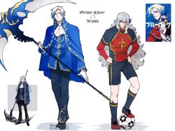  2boys argalia_(project_moon) argalia_(project_moon)_(cosplay) ascot ball black_pants blonde_hair blue_cape blue_coat blue_eyes blue_flower blue_hair blue_jacket blue_lock blue_rose cape character_name chubbee2412 closed_mouth coat collared_cape cosplay costume_switch flower flower_tattoo gloves gold_trim gradient_hair hand_tattoo hands_on_own_hips highres holding holding_scythe jacket library_of_ruina long_hair long_sleeves looking_at_viewer male_focus michael_kaiser multicolored_hair multiple_boys neck_tattoo pants project_moon reference_inset rose scythe shirt short_hair shorts sidelocks simple_background smile soccer_ball soccer_uniform sportswear tattoo two-tone_hair very_long_hair white_ascot white_background white_hair 