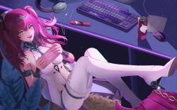  1girl absurdres armlet bare_shoulders black_bow bodysuit boots bow breasts can cellphone chromatic_aberration collar commentary computer_keyboard computer_mouse drink_can english_commentary hair_bow hairband headphones high_heel_boots high_heels highres holding holding_phone indoors jewelry leg_up long_hair looking_at_viewer lupa_(wuthering_waves) medium_breasts metal_collar metal_hairband multicolored_hair open_mouth phone pink_hair sitting smartphone smile solo streaked_hair tail teeth thigh_boots twintails upper_teeth_only white_bodysuit white_boots wolf_tail wrist_guards wuthering_waves yellow_eyes z1raell 