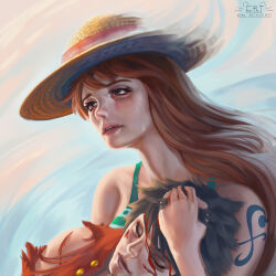  1boy 1girl absurdres artist_logo artist_name bare_shoulders black_hair blood blood_on_face closed_eyes commentary crying crying_with_eyes_open english_commentary hat highres holding logo long_hair monkey_d._luffy nami_(one_piece) nyanenthusiast one_piece open_mouth orange_eyes orange_hair realistic red_shirt shirt short_hair shoulder_tattoo straw_hat tattoo tears teeth torn_clothes unconscious 