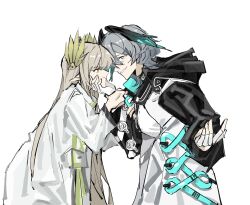  2girls annoyed aqua_eyes arknights blonde_hair cccoming! chinese_commentary clenched_teeth closed_mouth coat couple elf evil_smile feathered_wings fingerless_gloves from_side gloves grey_hair hair_between_eyes hair_ornament hand_on_another&#039;s_chin head_wings heads_together highres ho&#039;olheyak_(arknights) holding_another&#039;s_wrist hood hood_down leaning_forward long_hair long_sleeves looking_at_another muelsyse_(arknights) multiple_girls orange_eyes pointy_ears short_hair simple_background smile smirk snake_girl standing teeth upper_body wavy_hair white_background white_gloves wings yuri 
