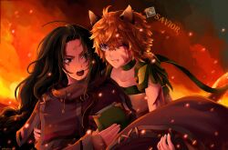  1boy 1girl animal_ears black_hair blood blood_on_face book cape carrying cat cat_ears cat_girl cat_tail choker commission commissioner_upload ebrietas_(arayaejiri) embers english_text facial_mark fang fire fire_emblem fire_emblem:_path_of_radiance fire_emblem:_radiant_dawn forehead_mark green_choker highres holding holding_book injury laguz_(fire_emblem) lethe_(fire_emblem) messy_hair nintendo one_eye_closed open_mouth orange_hair orange_tail princess_carry purple_eyes robe slit_pupils soren_(fire_emblem) tail whisker_markings 