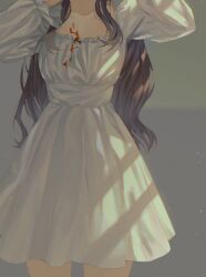  1girl 23i2ko arms_up blood blood_on_body blood_on_clothes brown_hair cowboy_shot hair_over_shoulder head_out_of_frame highres light_particles long_hair muted_color nightgown original solo very_long_hair wavy_hair window_light 
