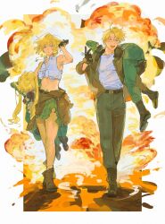  2boys 2girls ahoge america_(female)_(hetalia) america_(hetalia) anger_vein apron axis_powers_hetalia bare_shoulders belt black_belt black_boots black_bow black_bowtie black_gloves black_shoes blonde_hair blue_dress blue_eyes boots border bow bowtie breasts brown_jacket carrying carrying_over_shoulder carrying_person dress dual_persona earrings eji_gakuki explosion frills full_body genderswap genderswap_(mtf) gloves green_jacket green_pants green_skirt hair_ornament hand_up highres jacket jewelry juliet_sleeves long_hair long_sleeves looking_at_viewer medium_breasts midriff military_jacket military_uniform multiple_boys multiple_girls navel necklace one_eye_closed open_clothes open_jacket open_mouth outside_border pants pearl_earrings puffy_sleeves shadow shirt shoes short_hair single_earring skirt smile star_(symbol) star_hair_ornament star_print sweat t-shirt tank_top teeth twintails united_kingdom_(female)_(hetalia) united_kingdom_(hetalia) walking wavy_hair white_apron white_border white_shirt white_tank_top 