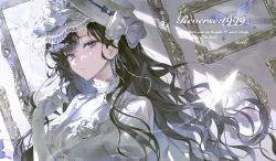  1girl black_hair copyright_name dress english_text gloves hat highres isolde_(reverse:1999) jewelry long_hair misonyeo_s2 purple_eyes reverse:1999 solo upper_body white_dress white_gloves white_hat 