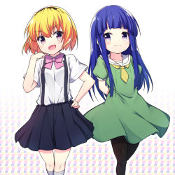 2girls arms_behind_back black_skirt black_socks blonde_hair blue_hair blunt_bangs cosplay costume_switch dress fang furude_rika green_dress hairband hand_on_own_hip hand_to_own_mouth hazumi_otoya highres higurashi_no_naku_koro_ni houjou_satoko kneehighs long_hair multiple_girls open_mouth pantyhose purple_eyes shirt short_hair short_sleeves skirt smile socks suspender_skirt suspenders white_legwear white_shirt rating:Sensitive score:8 user:danbooru