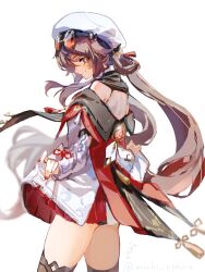  1girl absurdres bare_shoulders black_thighhighs brown_hair cape capelet clothes_lift cowboy_shot detached_sleeves dress dress_lift flower-shaped_pupils from_behind genshin_impact goggles goggles_on_head hair_rings hat highres hu_tao_(cherries_snow-laden)_(genshin_impact) hu_tao_(genshin_impact) long_hair looking_at_viewer looking_back mochi_upamo pleated_skirt pyro_symbol_(genshin_impact) red_cape red_capelet red_eyes red_goggles red_skirt sidelocks skirt smile solo standing symbol-shaped_pupils thighhighs thighs twintails vision_(genshin_impact) white_dress white_hat white_sleeves zettai_ryouiki 