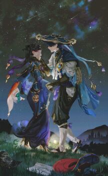  1boy 1girl adapted_costume andromeda_(constellation) armor arms_at_sides belt big_dipper black_belt black_bodysuit black_bow black_bridal_gauntlets black_gloves black_hair black_pants black_sandals black_shirt blue_cape blue_gemstone blue_hat blue_kimono blue_sleeves blunt_ends bodystocking bodysuit bootes_(constellation) bow bridal_gauntlets bridal_legwear brown_bag cape cassiopeia_(constellation) castle clothing_cutout colored_tips commission constellation constellation_print couple cygnus_(constellation) detached_sleeves draco_(constellation) elbow_gloves facing_another feathers fingernails fur_collar gem genshin_impact gloves gold gold_ring gold_shoes gold_trim gradient_hair grass hair_bow hair_over_eyes hakama hakama_pants han&#039;eri hand_grab hand_on_another&#039;s_face hat height_difference hercules_(constellation) hetero high_heels highres hip_vent holding holding_paper japanese_armor japanese_clothes jingasa kimono kote kurokote layered_kimono layered_sleeves leg_warmers leo_(constellation) lluluchwan long_hair long_skirt loose_pants mandarin_collar middle_ring mona_(genshin_impact) mountainous_horizon multicolored_hair nebula night night_sky open_mouth pants paper parted_lips pleated_pants pom_pom_(clothes) ponytail_holder purple_hair purple_rope purple_sash red_cape red_gemstone red_hat rope sandals sash scaramouche_(genshin_impact) second-party_source shirt shoes shooting_star short_sleeves skirt sky sleeves_rolled_up smirk star_(sky) star_(symbol) star_chart star_map star_print starry_sky stirrup_legwear tassel toeless_legwear toes twintails two-sided_cape two-sided_fabric two-sided_headwear unworn_hat unworn_headwear ursa_major_(constellation) ursa_minor_(constellation) vision_(genshin_impact) wanderer_(genshin_impact) white_kimono white_leg_warmers white_sleeves wide_sleeves witch_hat yellow_feathers zouri 