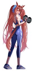  1girl absurdres animal_ears ass blue_pants blue_sports_bra breasts brown_hair daiwa_scarlet_(umamusume) dumbbell fang hair_intakes highres holding holding_dumbbell horse_ears horse_girl horse_tail large_breasts long_hair looking_at_viewer open_mouth pants red_eyes shoes sneakers solo sports_bra tail tiara tight_clothes tight_pants twintails umamusume very_long_hair woongbi yoga_pants 