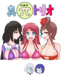 5girls bikini black_hair blue_eyes breast_envy breasts character_request cropped_torso large_breasts long_hair looking_at_viewer misutake_sakusesu_seikou mizuno_ai multiple_girls open_mouth purple_bikini simple_background smile swimsuit topknot white_background yamada_tae zombie_land_saga 