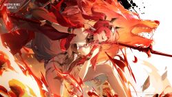  1girl absurdres armlet armor bare_shoulders bodysuit boots breastplate breasts collar commentary copyright_notice earrings english_commentary fire hair_between_eyes hairband headgear highres holding holding_polearm holding_weapon jewelry logo long_hair looking_ahead lupa_(wuthering_waves) medium_breasts metal_collar metal_hairband official_art open_mouth pink_hair polearm red_hair smile solo tail teeth thigh_boots upper_teeth_only weapon white_bodysuit white_boots wolf wolf_tail wrist_guards wuthering_waves yellow_eyes 