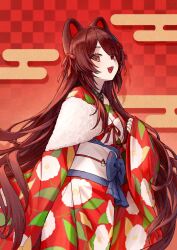  1girl :3 :d absurdres animal_ears armillarphere_v artist_name blue_bow bow brown_eyes brown_hair checkered_background dog_ears egasumi fangs floral_print floral_print_kimono flower hair_flower hair_ornament hair_ribbon hand_up hashtag-only_commentary heterochromia highres inui_toko inui_toko_(4th_costume) japanese_clothes kimono long_hair long_sleeves looking_at_viewer looking_to_the_side nijisanji obi obiage obijime official_alternate_costume open_mouth parted_bangs print_kimono red_background red_eyes red_flower red_kimono red_ribbon ribbon sash sidelocks sleeves_past_wrists smile solo twitter_username very_long_hair virtual_youtuber white_sash wide_sleeves 