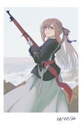  1girl absurdres blue_jacket bolt_action brown_hair commentary dated english_commentary girls&#039;_frontline gloves green_eyes gun highres holding holding_gun holding_weapon inset_border jacket knife kto_znaet long_hair long_skirt looking_at_viewer m1903_springfield ocean parted_lips rifle skirt smile solo springfield_(girls&#039;_frontline) twintails weapon white_background white_gloves white_mouth white_skirt 