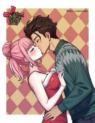  1boy 1girl alternate_costume argyle_background artist_name bare_shoulders blush breast_press breasts christmas claude_von_riegan closed_eyes dark-skinned_male dark_skin dress earrings fire_emblem fire_emblem:_three_houses fire_emblem_warriors:_three_hopes green_sweater hands_on_another&#039;s_chest hands_on_another&#039;s_waist high_ponytail hilda_valentine_goneril hoop_earrings jewelry kiss large_breasts long_hair mistletoe nintendo off_shoulder official_alternate_hairstyle pink_hair ponytail rein_creamsoda santa_costume santa_dress sweater twitter_username 