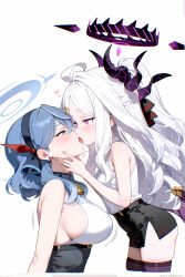  2girls absurdres ako_(blue_archive) ass bare_shoulders bell black_skirt blue_archive blue_collar blue_eyes blush bow breasts collar earrings french_kiss hair_bow halo headband heart highres hina_(blue_archive) horns jewelry karachiiy kiss large_breasts long_hair looking_at_another low_wings multiple_girls neck_bell purple_eyes purple_halo purple_horns shirt side_slit sideboob simple_background skindentation skirt stud_earrings thighhighs tongue trembling white_background white_hair white_shirt wings yuri 