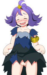  10s 1girl acerola_(pokemon) armlet blush cleft_of_venus clitoris clothes_lift collarbone cowboy_shot creatures_(company) cupala_(8492ace) dress dress_lift elite_four embarrassed female_focus flat_chest game_freak gluteal_fold hair_ornament holding holding_unworn_clothes holding_unworn_dress jewelry lifting_own_clothes multicolored_dress nintendo no_panties pokemon pokemon_sm purple_hair pussy short_sleeves simple_background solo standing trial_captain uncensored white_background 
