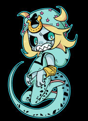  1boy absurdres beanie black_background black_sclera blonde_hair blue_eyes blue_hat blue_hoodie blue_skin chibi clenched_teeth colored_sclera colored_skin commentary commentary_request dinosaur_tail hat highres hood hood_down hoodie horseshoe_hat_ornament johnny_joestar jojo_no_kimyou_na_bouken m_a_a_m_8 male_focus medium_hair scary_monsters_(stand) sharp_teeth solo stand_(jojo) star_(symbol) star_print steel_ball_run tail teeth 