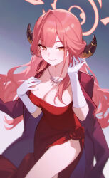  1girl absurdres aru_(blue_archive) aru_(dress)_(blue_archive) blue_archive blush breasts center-flap_bangs chinese_commentary cleavage closed_mouth collarbone commentary_request dress earrings elbow_gloves gloves grey_background halo hand_in_own_hair hand_on_own_chest hands_up highres horns jacket jacket_on_shoulders jewelry large_breasts long_hair looking_at_viewer necklace official_alternate_costume orange_eyes pink_hair pink_halo red_dress red_jacket shali side_slit smile solo thighs very_long_hair 