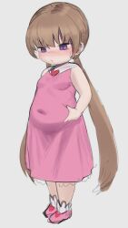  1girl belly belly_grab blush breasts brooch covered_navel dress female_focus full_body heart heart_brooch highres jewelry light_brown_hair loli long_hair navel oruka_(kamituki0827) pink_dress plump pout purple_eyes slit_pupils small_breasts solo standing sweatdrop tsukuyomi_ai twintails voiceroid weight_conscious  rating:Sensitive score:77 user:largesoda999