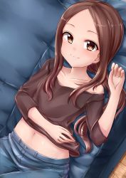1girl bare_shoulders blush brown_eyes brown_hair closed_mouth collarbone couch denim denim_shorts hair_ornament highres indoors karakai_jouzu_no_(moto)_takagi-san karakai_jouzu_no_takagi-san long_hair looking_at_viewer midriff navel on_couch shirt shorts simple_background skywalker0610 smile solo takagi-san rating:General score:55 user:danbooru
