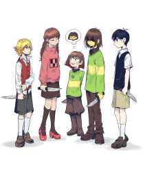  1girl 2boys 3others antenna_hair arms_behind_back black_hair black_shirt black_skirt black_socks black_vest blonde_hair blue_eyes bob_cut braid brown_hair brown_pants brown_shoes brown_shorts chara_(undertale) closed_eyes closed_mouth collared_shirt colored_skin commentary crossover deltarune end_roll frisk_(undertale) green_sweater highres holding holding_knife kneehighs knife kris_(deltarune) loafers long_hair long_sleeves madotsuki mary_janes mc83xj mixed-language_commentary multiple_boys multiple_crossover multiple_others omori pants partially_shaded_face pink_sweater red_shoes red_vest russell_seager shirt shoes short_hair shorts skirt smile socks speech_bubble sunny_(omori) sweater thought_bubble twin_braids undertale vest weapon_connection white_shirt white_socks yellow_skin yume_nikki 