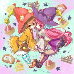  2girls absurdres bear_girl blue_thighhighs brown_hair dress dumpty_alma emil_chronicle_online food hair_ribbon hat highres multiple_girls purple_eyes purple_hair purple_hat purple_thighhighs puzzle_&amp;_dragons red_hat ribbon shelty_(childcatshiorin) striped_clothes striped_thighhighs sweets thighhighs tiny_alma yellow_eyes  rating:General score:0 user:danbooru