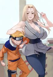  1boy 1girl absurdres age_difference breasts cleavage highres huge_breasts large_breasts naruto_(series) onee-shota shota tsunade_(naruto) uzumaki_naruto 