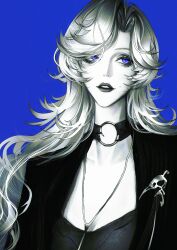  1girl absurdres blazer blue_background blue_eyes choker collarbone curly_hair curtained_hair eyeshadow greyscale_with_colored_background hair_over_one_eye highres jacket jewelry lapel_pin long_hair looking_to_the_side makeup mole mole_on_cheek necklace o-ring o-ring_choker open_clothes open_jacket parted_bangs parted_lips partially_colored path_to_nowhere solo spot_color upper_body vautour_bleu_(path_to_nowhere) yu_zhezhe 
