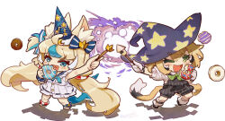  2girls ;d animal_ear_fluff animal_ears black_shoes blonde_hair blue_bow blue_eyes blue_hair blue_sailor_collar bow cat_ears chibi collared_shirt commentary crescent donut dooby_(vtuber) dress eating fins fish_tail food frilled_sailor_collar frills fur-trimmed_headwear fur_trim green_eyes hair_bow hat highres holding holding_food holding_wand indie_virtual_youtuber itsuki_tasuku long_hair low_twintails multicolored_hair multiple_girls one_eye_closed open_mouth overall_shorts overalls party_hat print_hat puffy_short_sleeves puffy_sleeves purple_hat sailor_collar sailor_dress sameko_saba shadow shirt shoes short_sleeves smile socks standing star_(symbol) star_print streaked_hair striped_bow symbol-only_commentary tail twintails very_long_hair virtual_youtuber wand white_background white_dress white_shirt white_socks witch_hat 