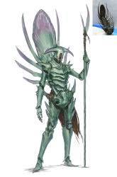  1other commentary creature_and_personification english_commentary full_body highres holding holding_polearm holding_weapon horns joints one-eyed original personification photo_inset polearm simple_background standing trilobite tu_tka weapon white_background 