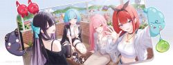  4girls arisa_(charon_universe) asymmetrical_legwear bare_shoulders black_hair black_shorts black_sweater blue_eyes blue_hair breasts brown_dress charon_universe cleavage commentary_request crop_top dress ellie_(charon_universe) eris_(charon_universe) fishnet_thighhighs fishnets grin hair_ribbon jacket jacket_on_shoulders jewelry karin_(charon_universe) korean_commentary looking_at_viewer median_furrow midriff multicolored_hair multiple_girls myomomoo navel necklace off-shoulder_sweater off_shoulder open_clothes open_jacket open_mouth orange_eyes pink_hair purple_eyes red_hair ribbon shirt short_hair short_shorts shorts sitting sleeveless sleeveless_shirt smile streaked_hair sweater thighhighs two-tone_hair virtual_youtuber white_jacket white_shirt 