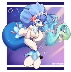  1girl 2023 animal_hands artist_name blue_eyes blue_hair breasts collarbone colored_eyelashes commentary english_commentary fang female_focus fins full_body furry furry_female gem gen_7_pokemon gradient_background hairdressing highres honowyn large_breasts leaning_forward long_hair mermaid monster_girl multi-tied_hair nintendo open_mouth outside_border pearl_hair_ornament pokemon pokemon_(creature) ponytail primarina sea_lion sidelocks simple_background snout solo starfish_hair_ornament underwear very_long_hair white_fur 