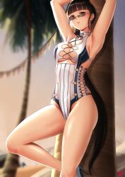  1girl against_tree armpits arms_up black_hair blunt_bangs blurry blurry_background breasts brown_eyes choker cleavage earrings eve_(stellar_blade) finalcake high_heels highres jewelry long_hair medium_breasts one-piece_swimsuit parted_lips ponytail sky solo stellar_blade swimsuit thighs tree very_long_hair white_choker white_one-piece_swimsuit 