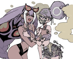  2girls absurdly_long_fingernails arbok arm_tattoo bare_shoulders baseball_cap big_hair bikini black-framed_eyewear black_mask bracelet braid breasts cleavage cleavage_cutout clothing_cutout cowboy_shot crop_top cropped_shirt dark-skinned_female dark_skin earrings eyeshadow eyewear_on_head fingernails fishnet_shorts forked_tongue gas gen_1_pokemon gold_bracelet gold_earrings gold_ring hair_bun half-closed_eyes harurie hat highres hoop_earrings jewelry large_breasts long_braid long_eyelashes long_fingernails long_hair looking_at_viewer low-braided_long_hair low-tied_long_hair makeup mask midriff mouth_mask multiple_bracelets multiple_girls multiple_tattoos nail_polish navel_piercing neck_tattoo nintendo off-shoulder_shirt off_shoulder one_eye_closed open_mouth piercing pokemon purple_bikini purple_eyes purple_hat purple_shirt red-tinted_eyewear red_eyes red_eyeshadow red_nails shirt short_shorts shorts single_braid single_hair_bun stomach_tattoo sunglasses surgical_mask swimsuit tattoo thumbs_up tinted_eyewear tongue tongue_out tongue_piercing very_long_hair weezing yellow-tinted_eyewear 