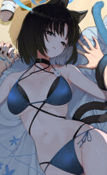  1boy 1girl absurdres amasa_(ama_sa3) animal_ear_fluff animal_ears beach_towel bikini black_collar black_hair black_nails blue_archive blue_bikini blush breasts collar colored_inner_hair criss-cross_halter halterneck highres interlocked_fingers kikyou_(blue_archive) kikyou_(swimsuit)_(blue_archive) looking_at_viewer lying multicolored_hair on_back pov sand sandals swimsuit towel 