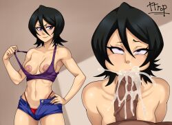 1boy 1girl artist_name bare_shoulders black_hair bleach breasts collarbone cum cum_in_mouth dark-skinned_male dark_skin ejaculation fellatio hand_on_own_hip highres kuchiki_rukia medium_hair nude oral penis penis_on_face short_shorts shorts simple_background small_breasts thong ttrop variant_set