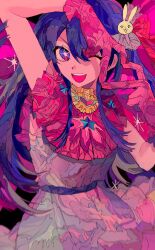  1girl absurdres dress gloves hair_between_eyes hair_ornament highres hoshino_ai long_hair looking_at_viewer open_mouth oshi_no_ko pink_gloves purple_hair rabbit_hair_ornament solo sparkling_eyes teeth upper_teeth_only very_long_hair white_dress yadu_nadu 